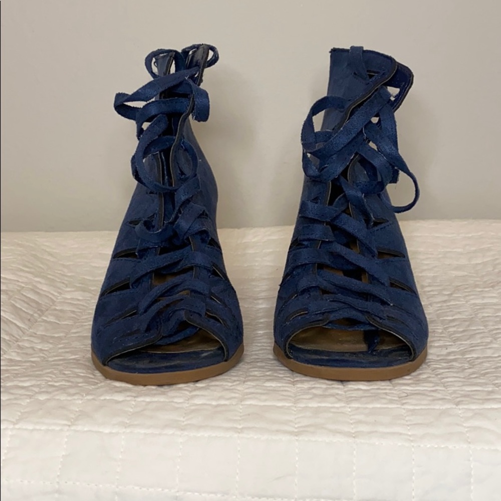 Blue suede peep toe heels